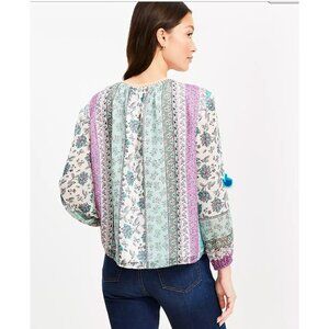 Loft Boho Mint & Lavender Floral Long Sleeve Tunic Top Lined With Keyhole Back B